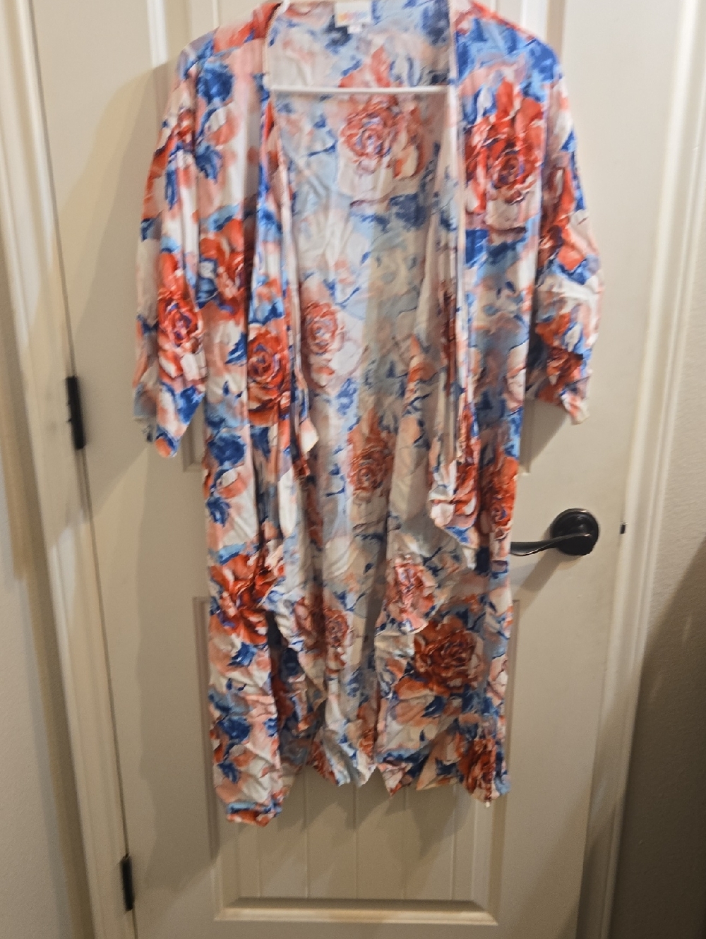 LuLaRoe Watercolor Floral Kimono in Coral, Blue & White